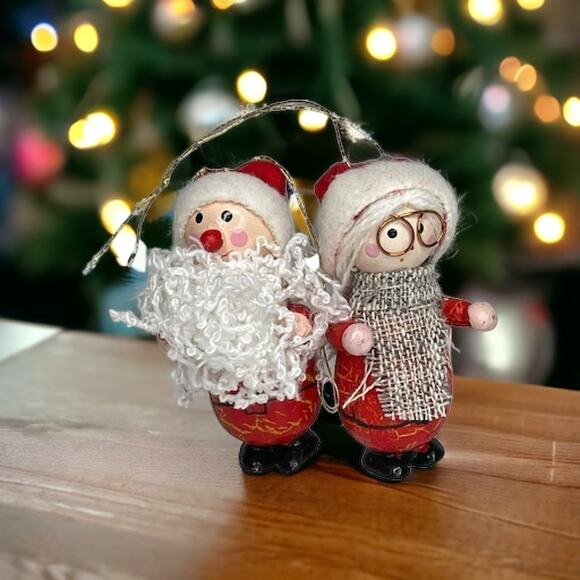 Vintage Wooden Santa and Mrs. Claus Christmas Ornaments - Picture 1 of 11